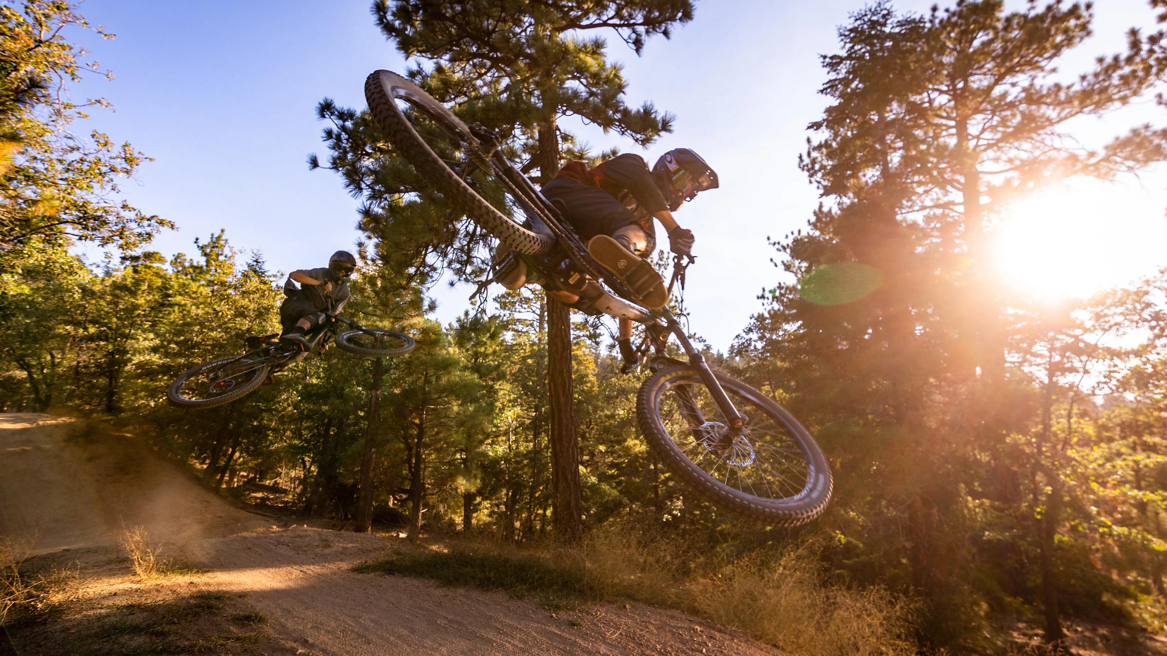 Mountain biking through the forest in fall